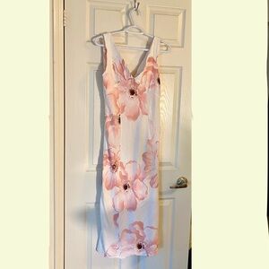 White Floral V neck linen blend summer dress